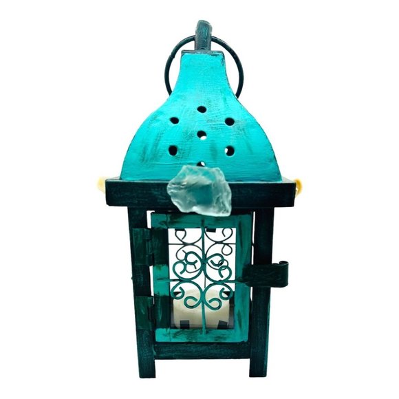 Artisan Crafted Candle Metal Lantern Hand-Painted Turquoise Sea Glass and Conch - Picture 4 of 8